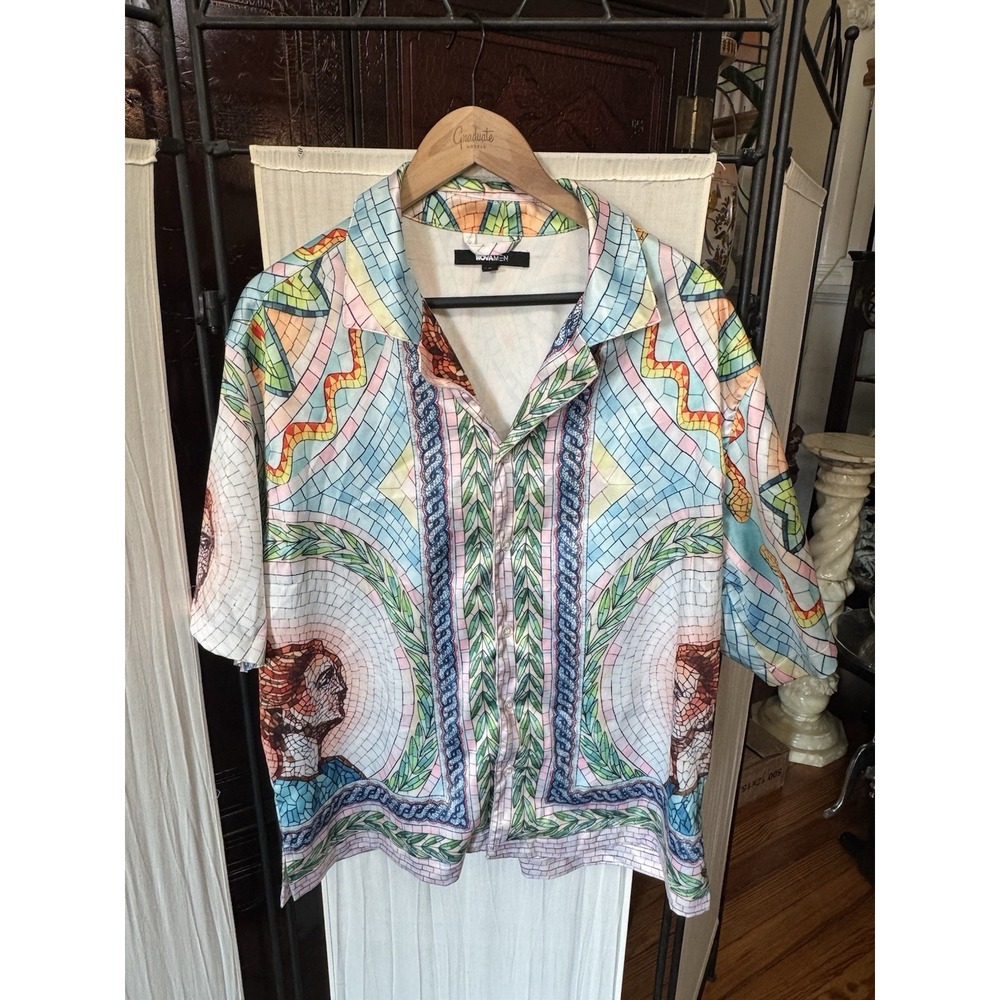 Novamen Men's L Mosaic Print Button Shirt Stained Glass Greek Art Resort